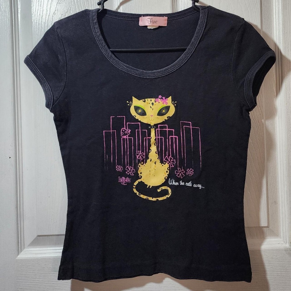 Y2K Mighty Fine French Kitty Black Tshirt
